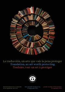 A circle of books creating the copyright symbol against a black background with the text Translation, an art worth protecting